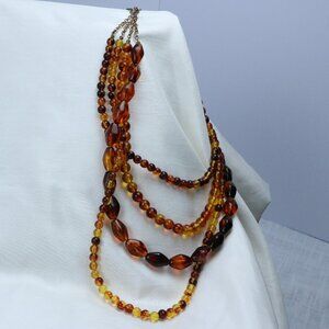 Vintage 1980s Multi-Strand Amber-Tone Beaded Necklace | Boho Statement